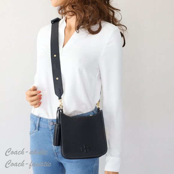 NWT Tory Burch Thea Web Mini Shoulder Bag Leather Crossbody in Black - Picture 2 of 14